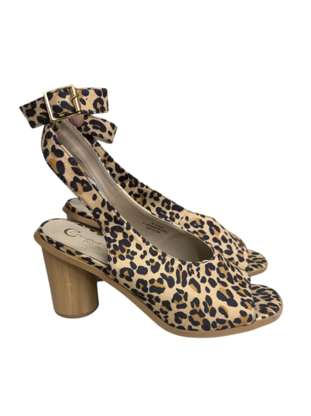 Leopard Peep Toe Block Heel Sandals Ankle Strap Size 9